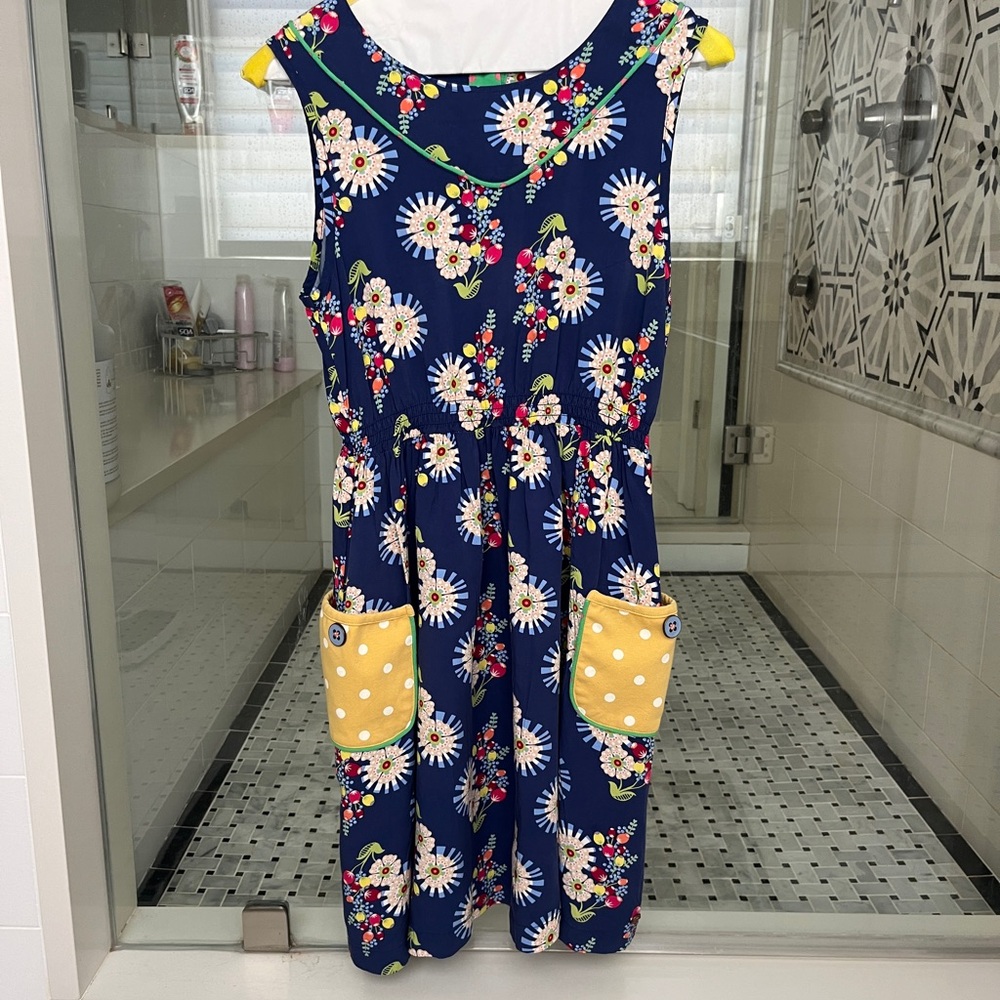 Matilda Jane Navy Daisy Dress with Yellow Polka-Dot Pockets